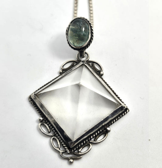 Large clear quartz pyramid green prehnite sterling silver pendant necklace