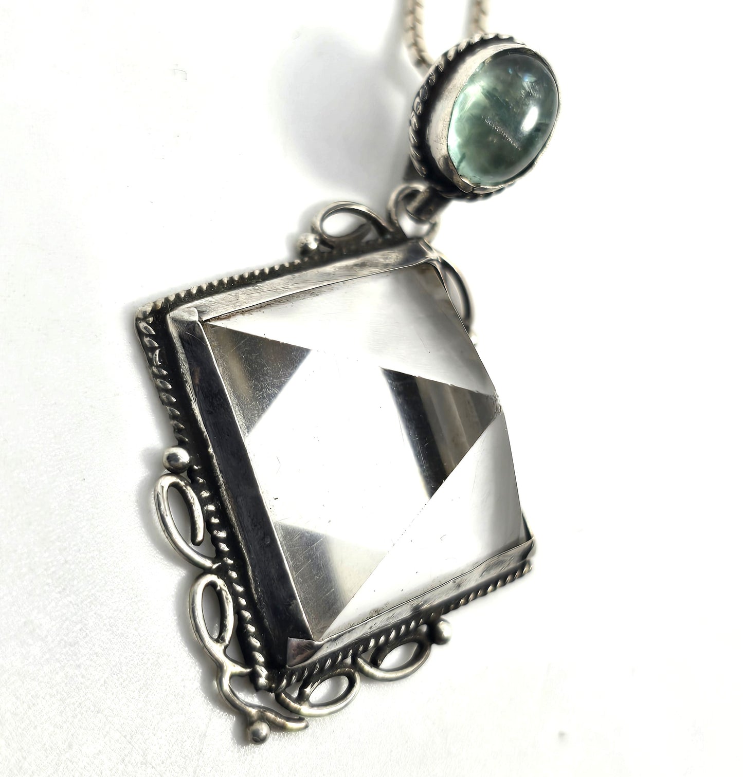Large clear quartz pyramid green prehnite sterling silver pendant necklace