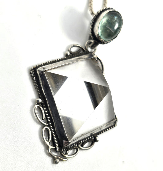 Large clear quartz pyramid green prehnite sterling silver pendant necklace