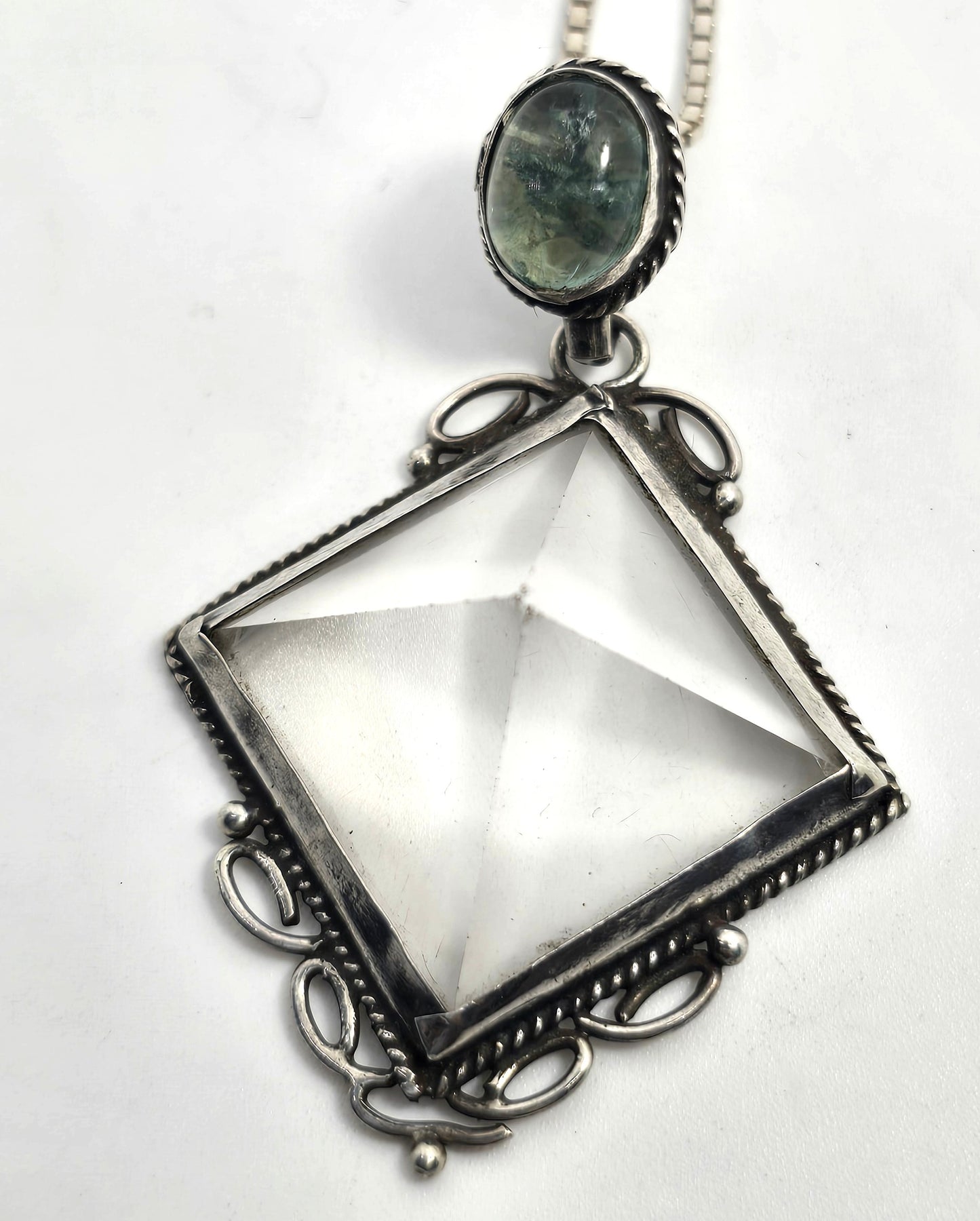 Large clear quartz pyramid green prehnite sterling silver pendant necklace