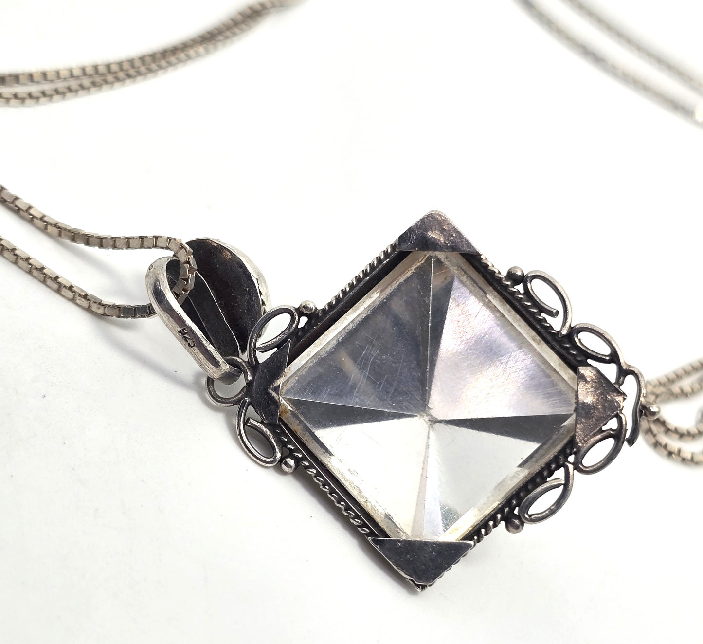 Large clear quartz pyramid green prehnite sterling silver pendant necklace