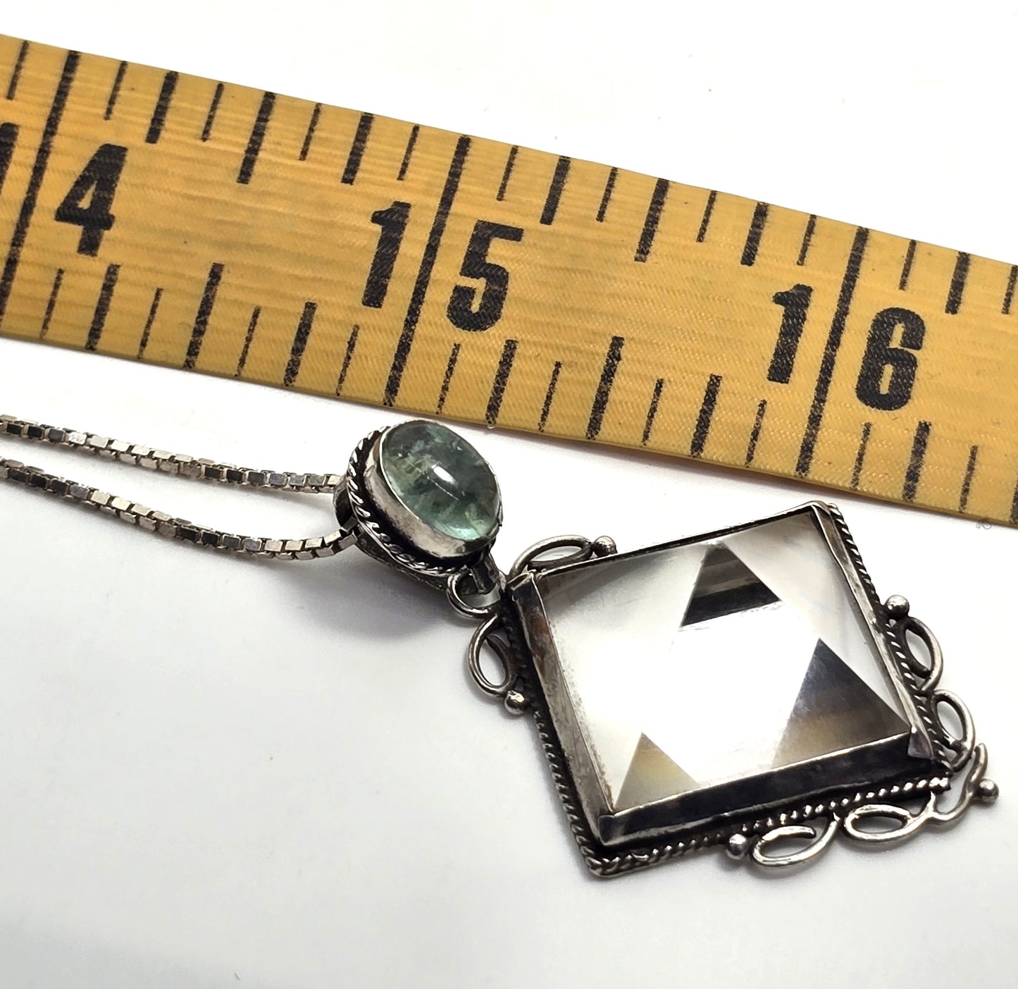 Large clear quartz pyramid green prehnite sterling silver pendant necklace