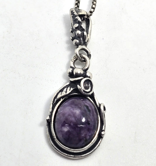 Charoite Purple gemstone tribal sterling silver vintage pendant necklace