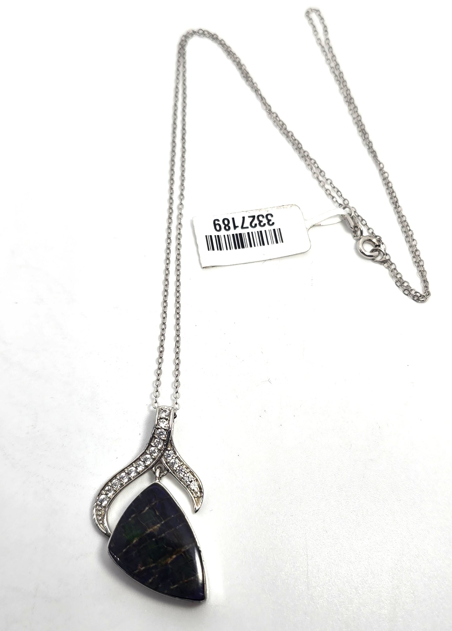 Opalized fossilized ammolite white topaz STS sterling silver gemstone necklace