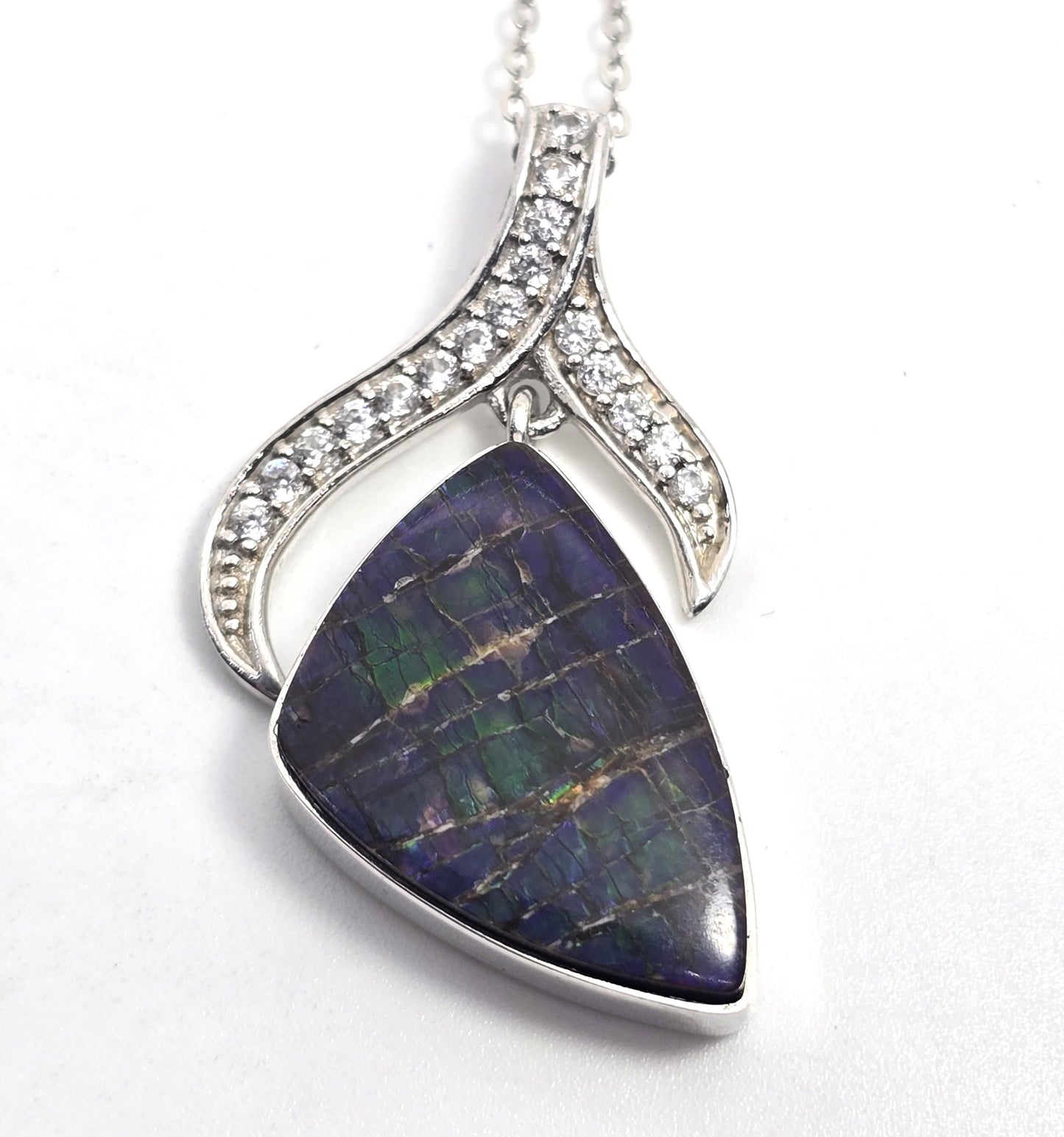 Opalized fossilized ammolite white topaz STS sterling silver gemstone necklace