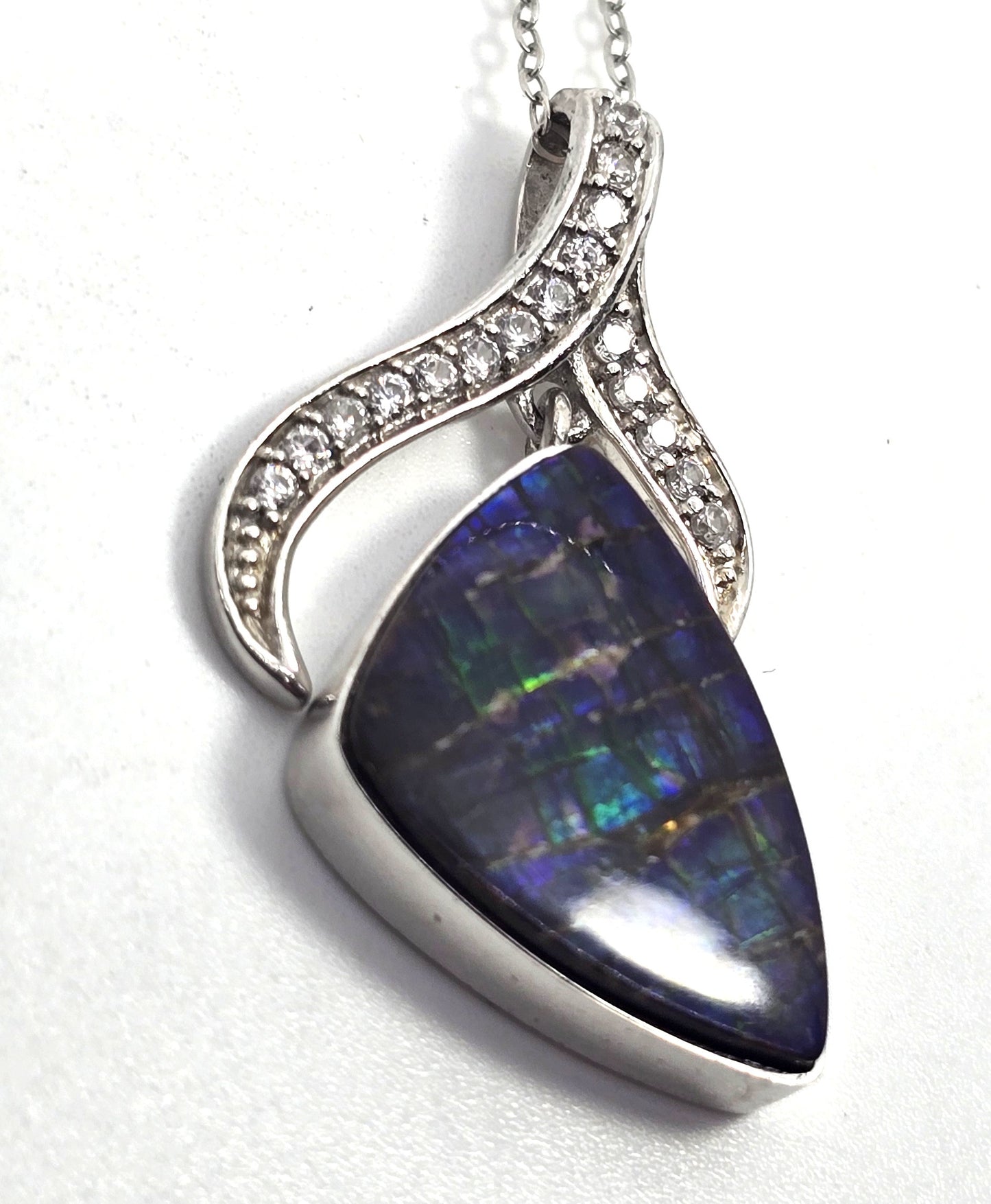 Opalized fossilized ammolite white topaz STS sterling silver gemstone necklace