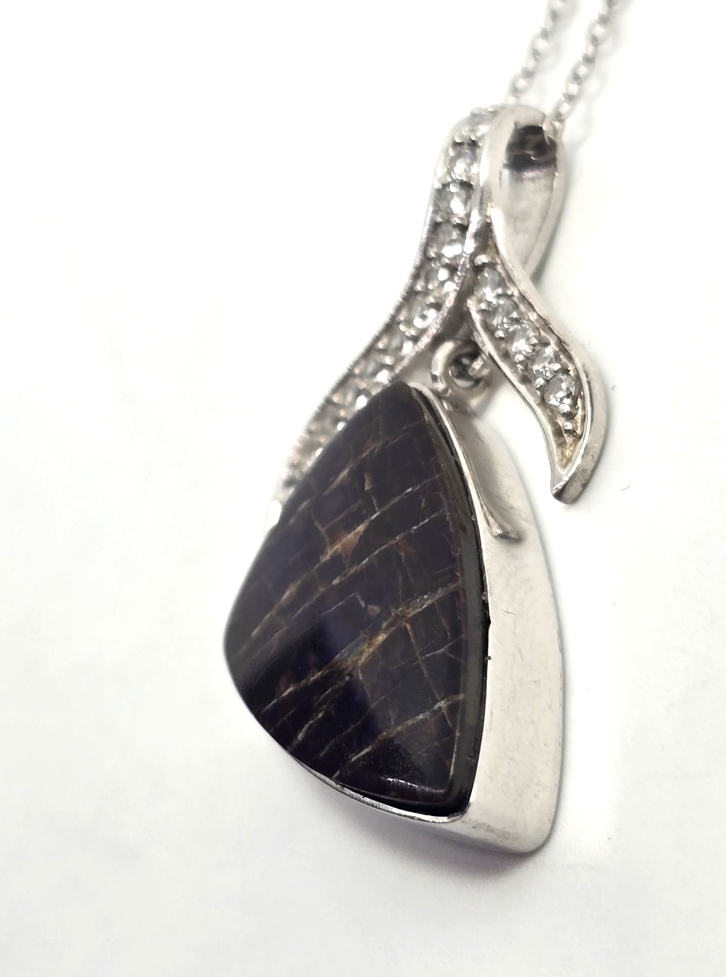 Opalized fossilized ammolite white topaz STS sterling silver gemstone necklace
