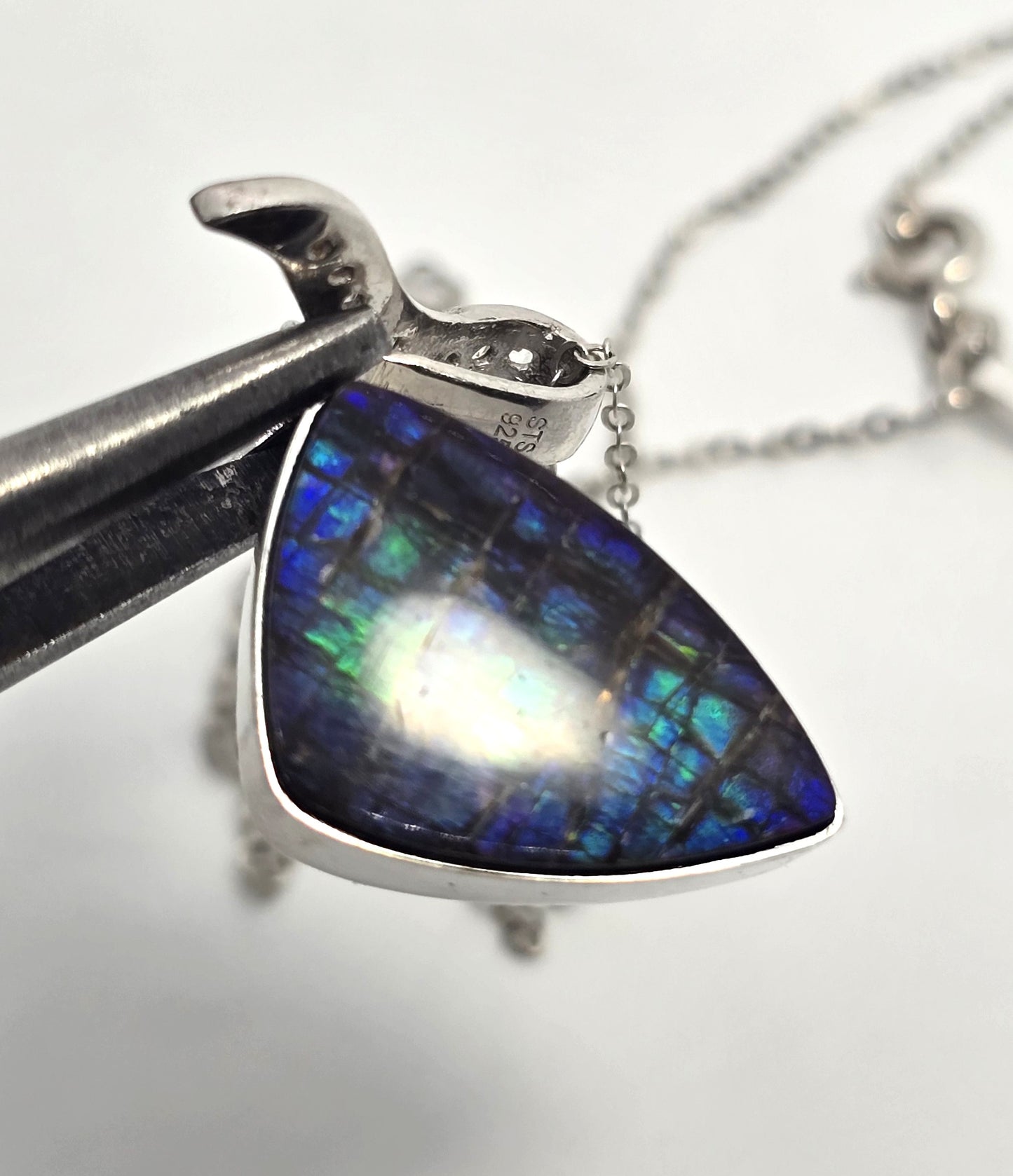 Opalized fossilized ammolite white topaz STS sterling silver gemstone necklace