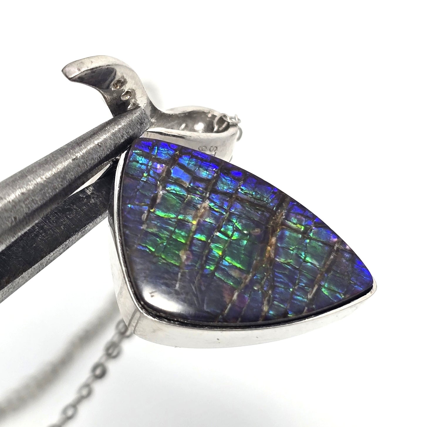 Opalized fossilized ammolite white topaz STS sterling silver gemstone necklace