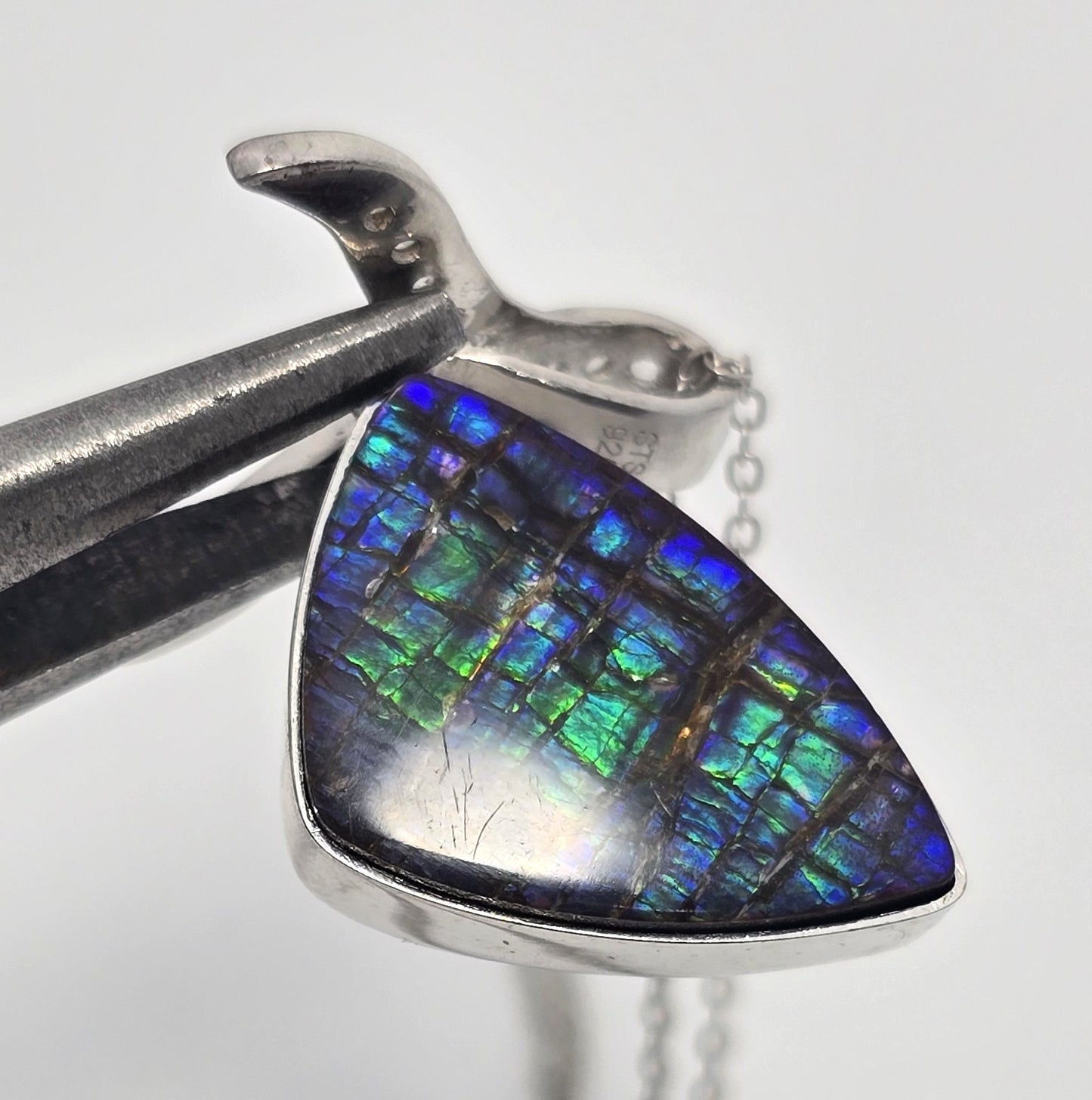 Opalized fossilized ammolite white topaz STS sterling silver gemstone necklace