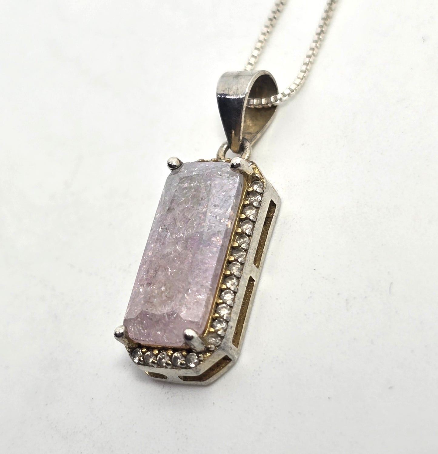 Kunzite natural UV pink stone Cubic zirconia sterling silver necklace