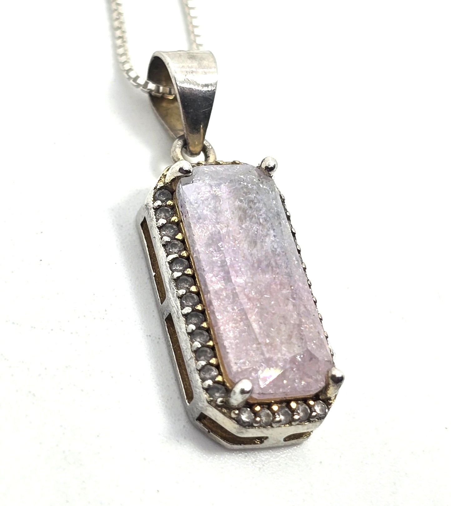 Kunzite natural UV pink stone Cubic zirconia sterling silver necklace