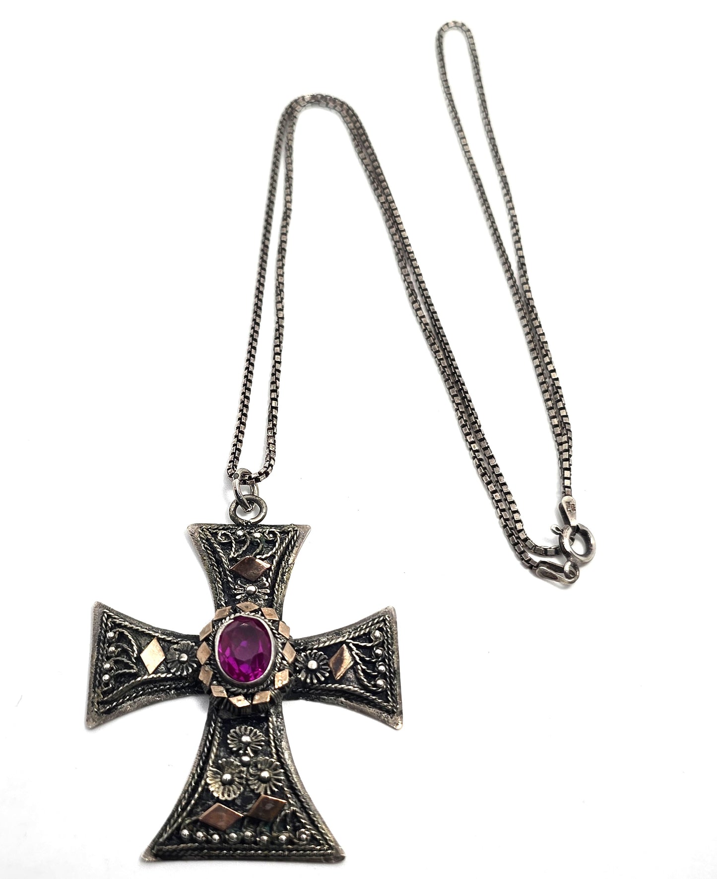 Maltese cross vintage pink sapphire 900 sterling silver vintage necklace