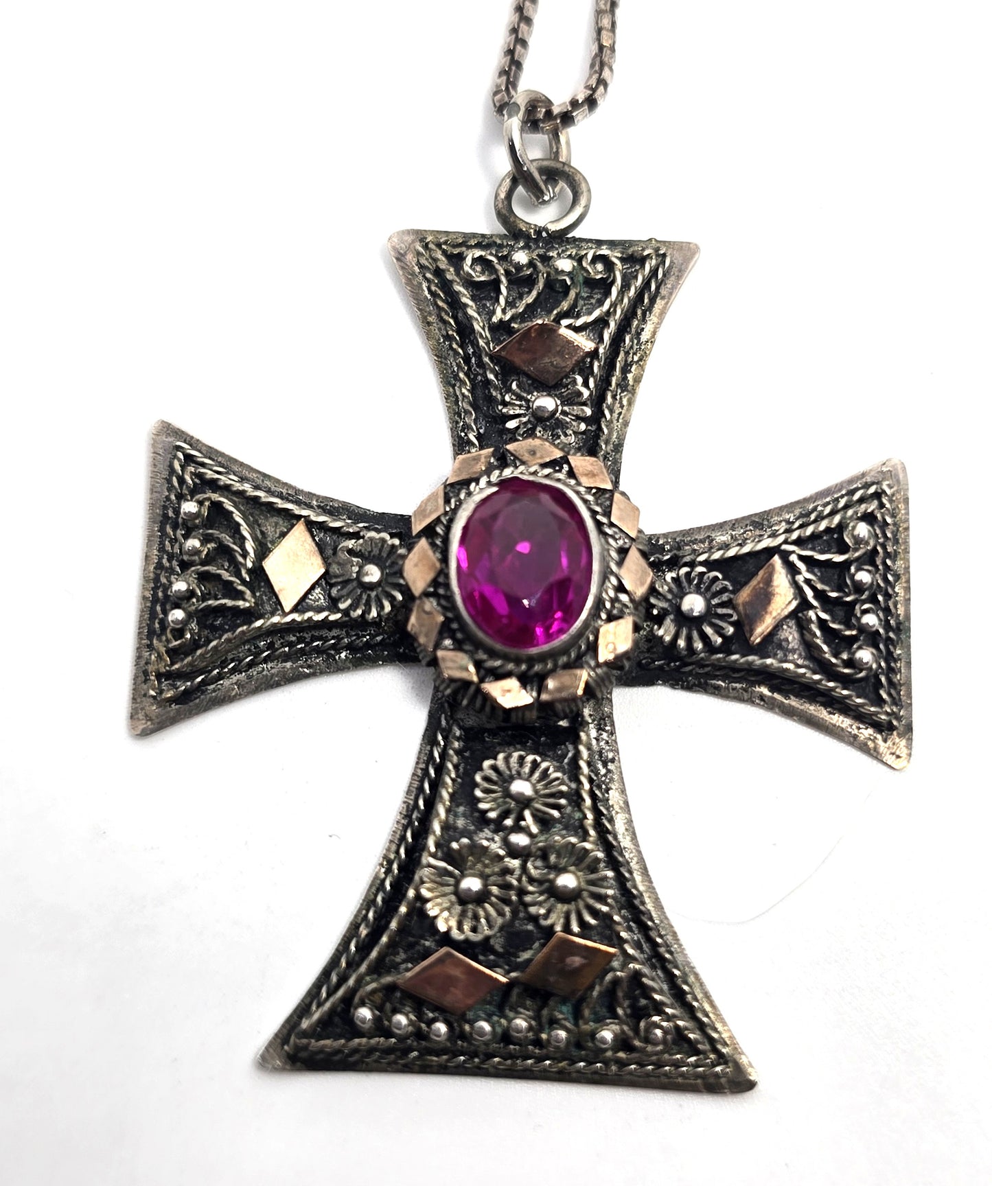 Maltese cross vintage pink sapphire 900 sterling silver vintage necklace