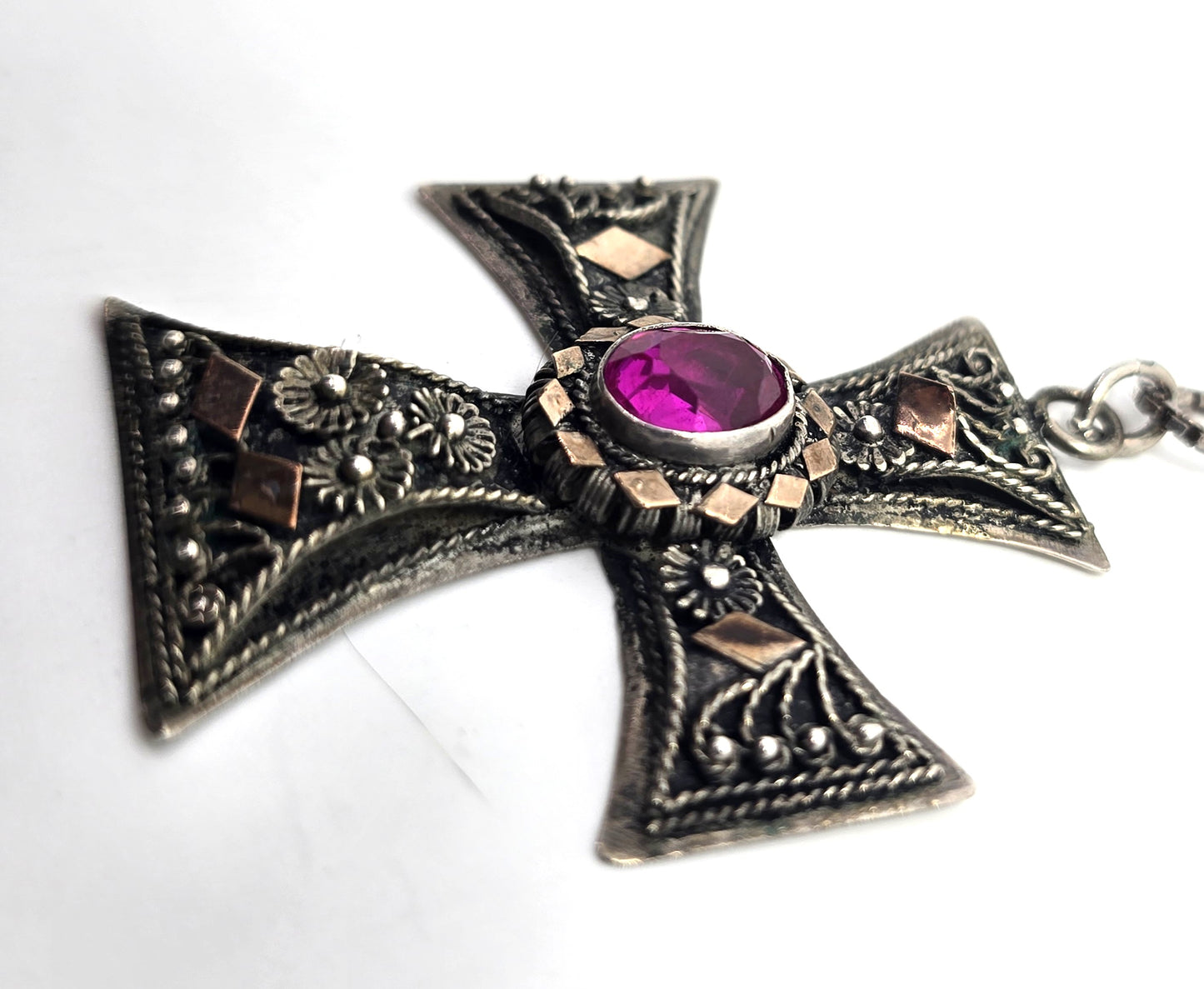 Maltese cross vintage pink sapphire 900 sterling silver vintage necklace