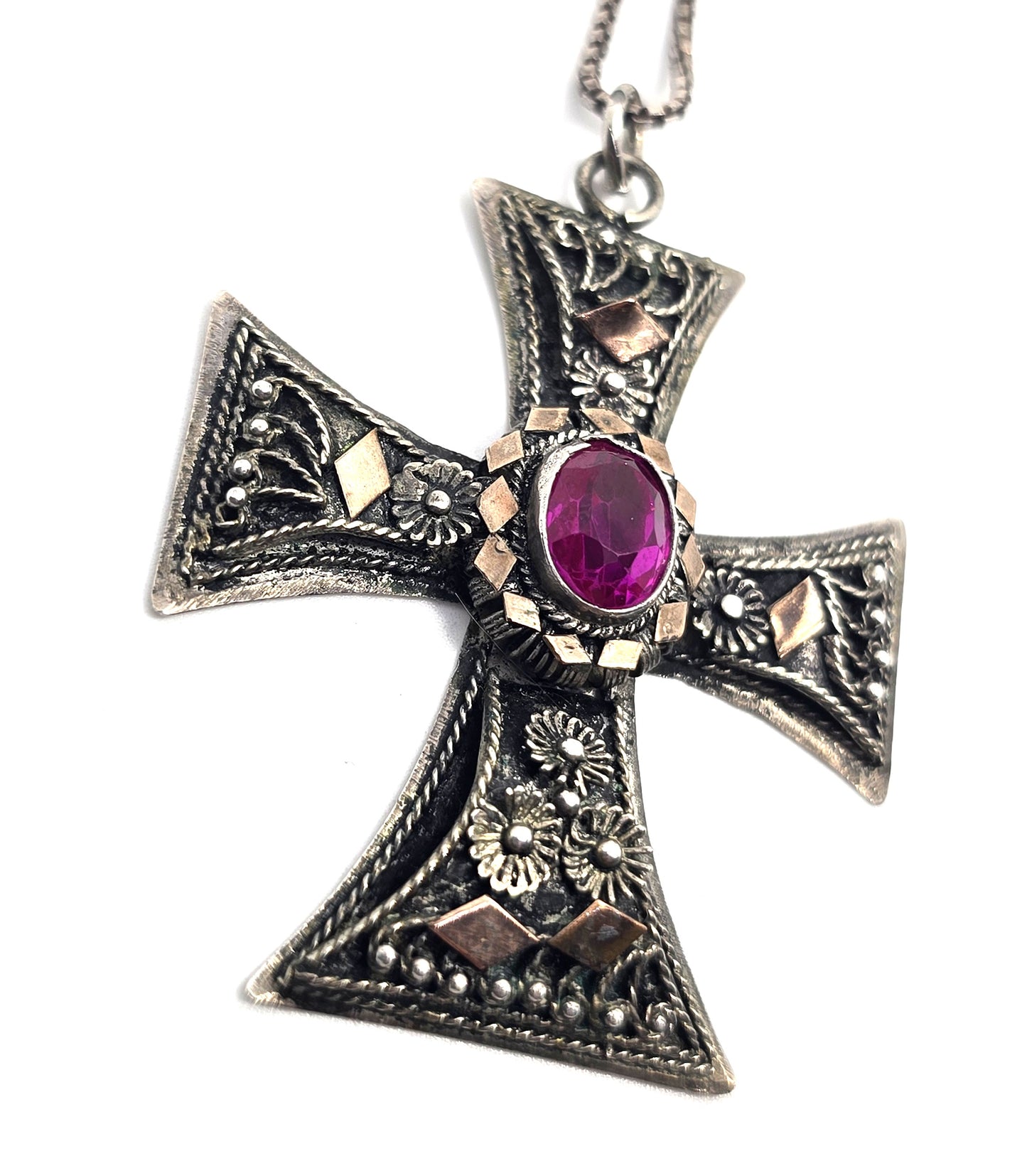 Maltese cross vintage pink sapphire 900 sterling silver vintage necklace