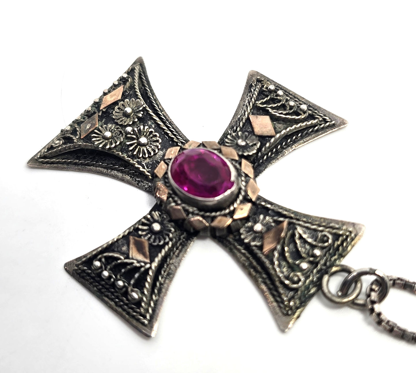 Maltese cross vintage pink sapphire 900 sterling silver vintage necklace