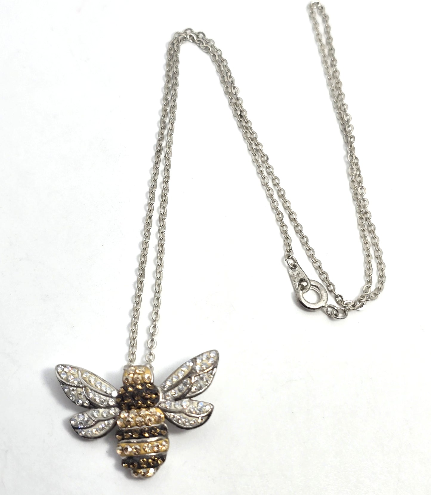 Au rhinestone pave enamel sterling silver signed bee pendant necklace