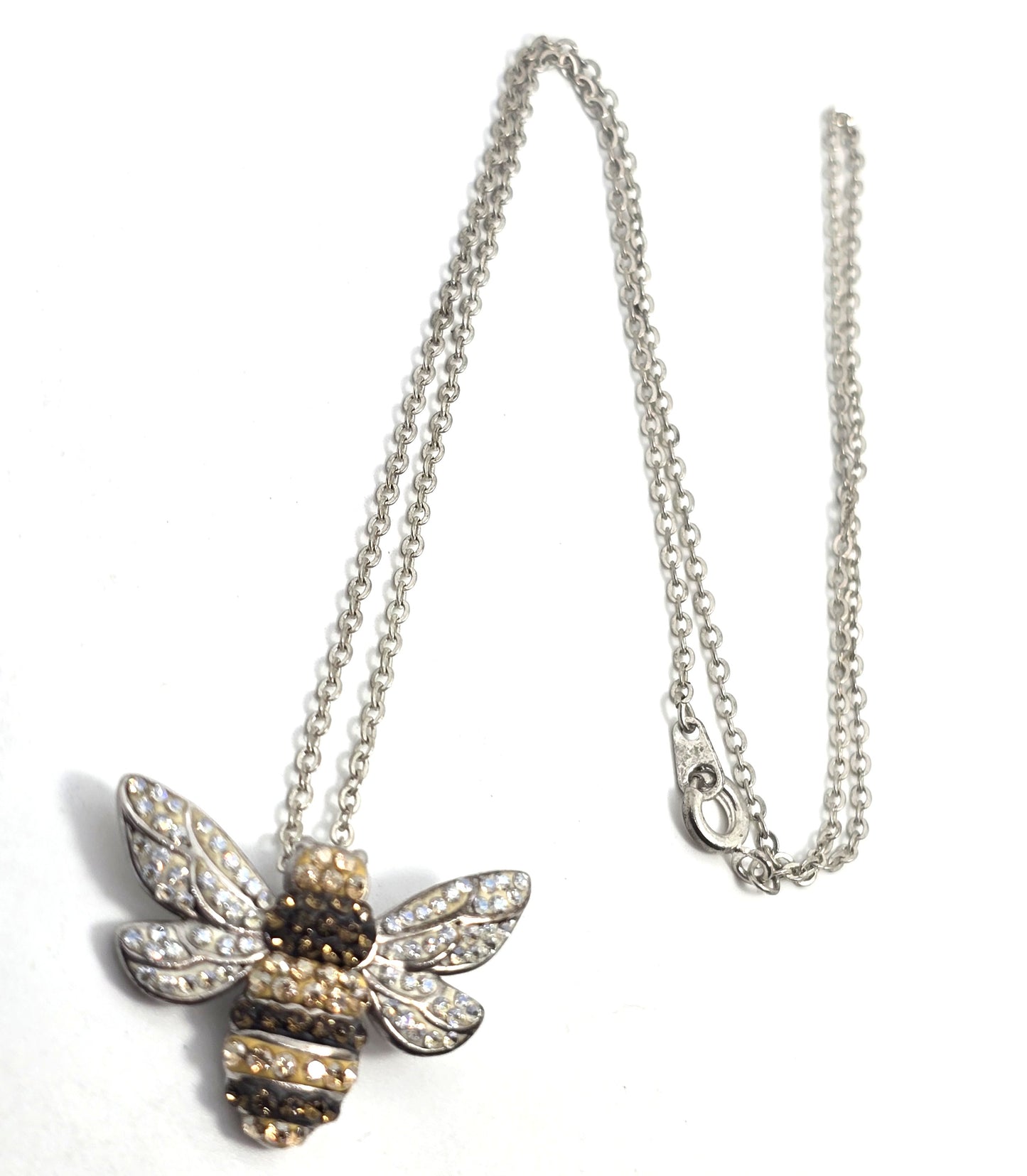 Au rhinestone pave enamel sterling silver signed bee pendant necklace
