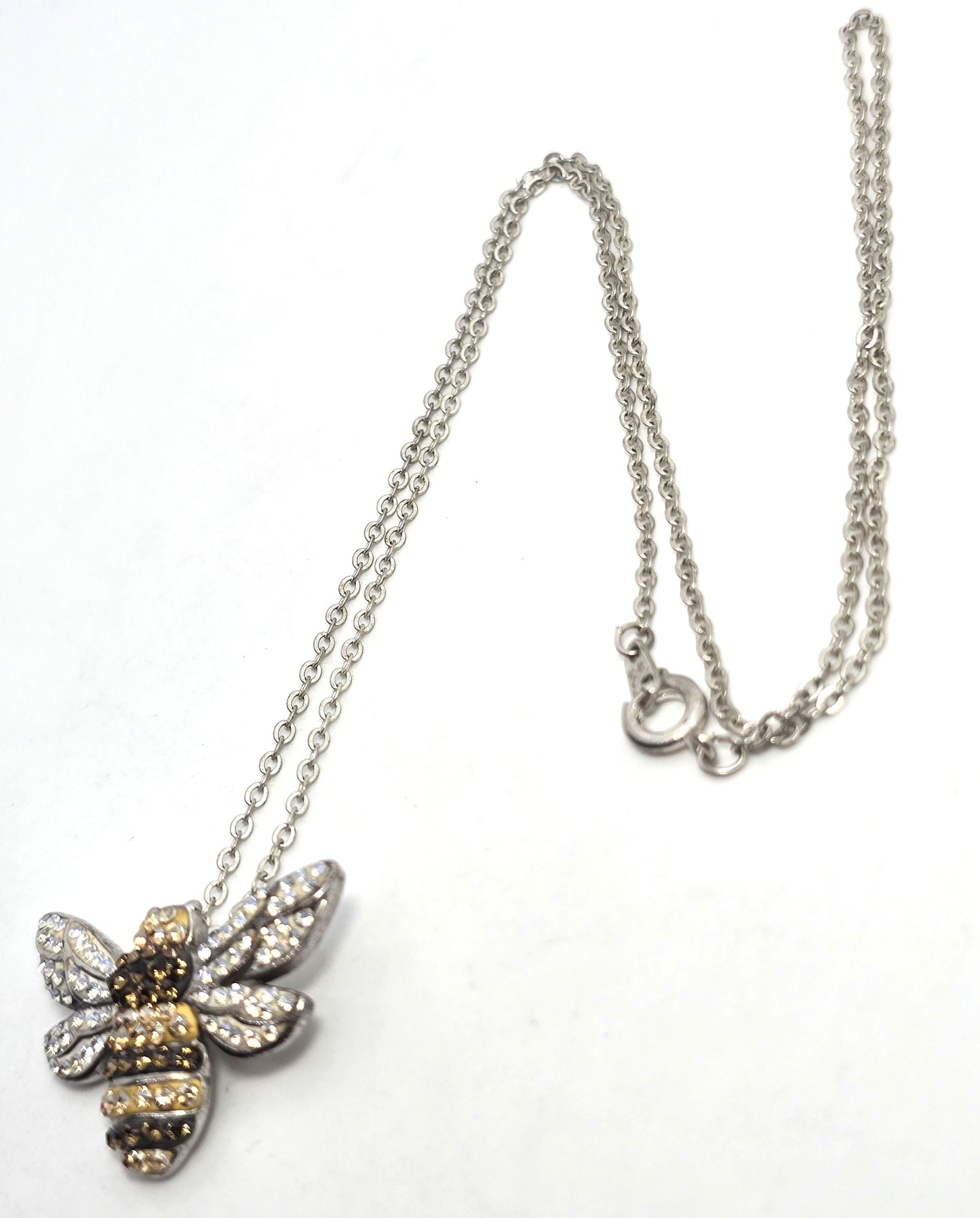 Au rhinestone pave enamel sterling silver signed bee pendant necklace