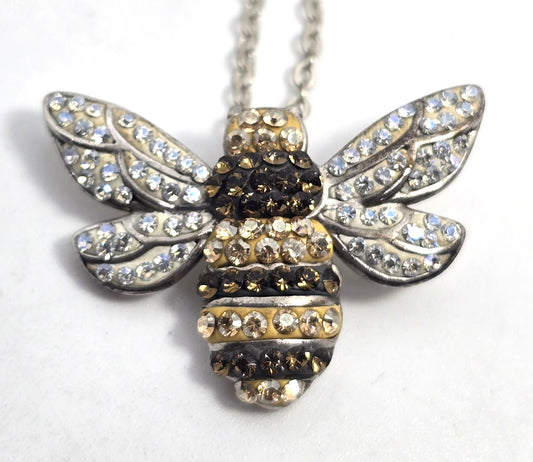 Au rhinestone pave enamel sterling silver signed bee pendant necklace