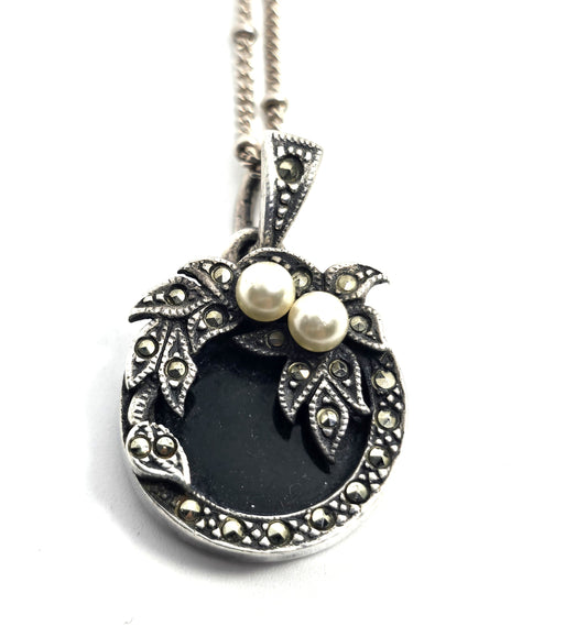 Black Onyx marcasite flower white pearl vintage sterling silver necklace