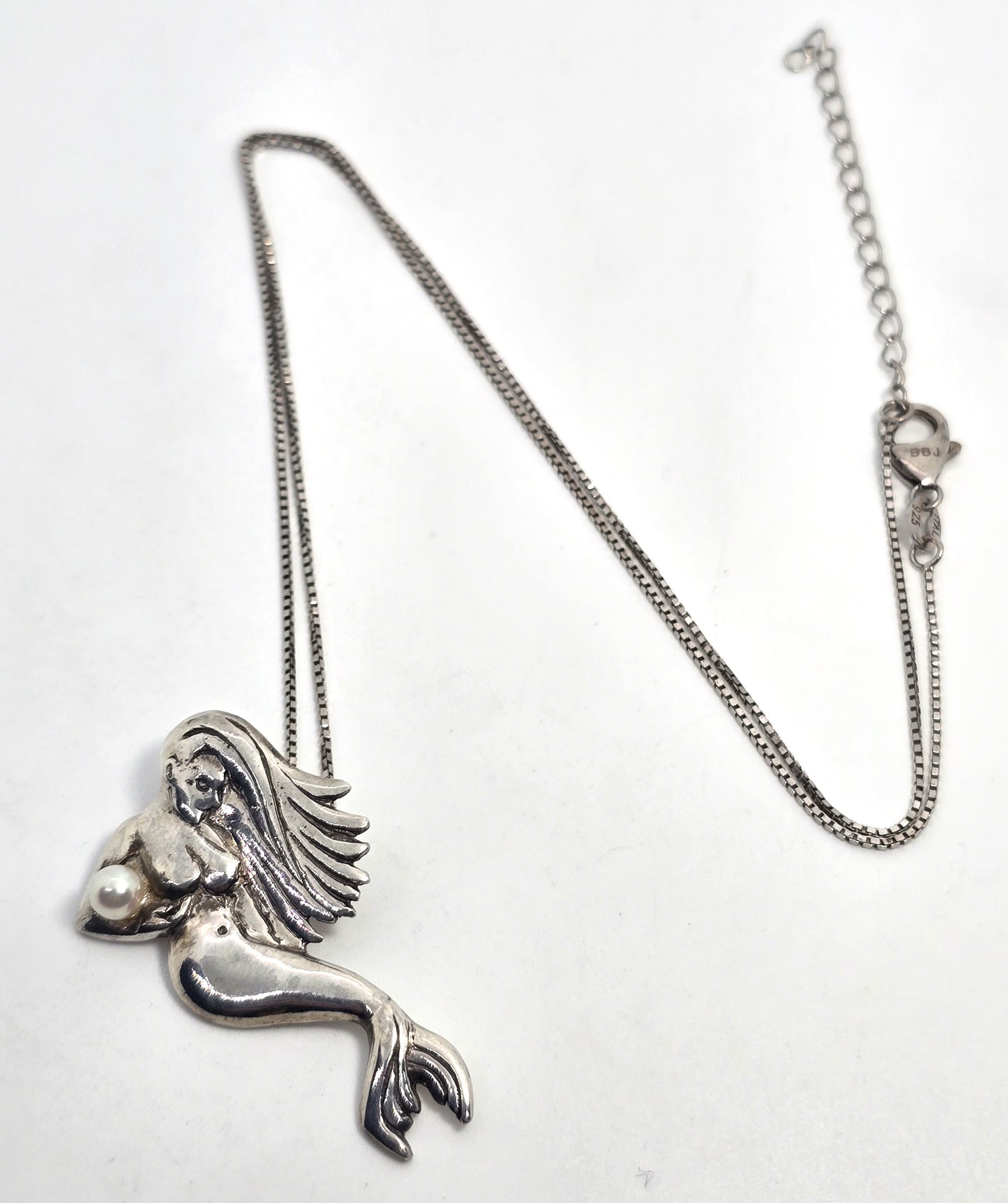 Mermaid nymph swimming with pearl sterling silver signed vintage necklace