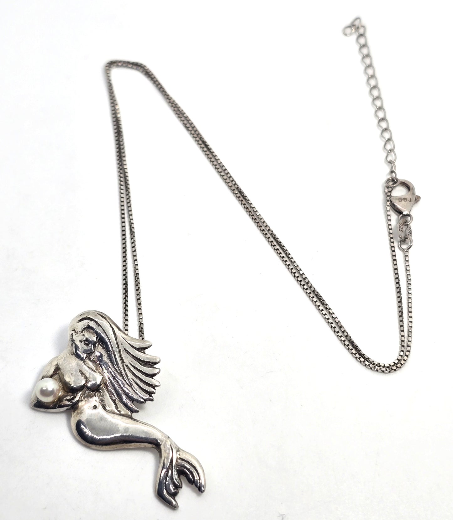 Mermaid nymph swimming with pearl sterling silver signed vintage necklace