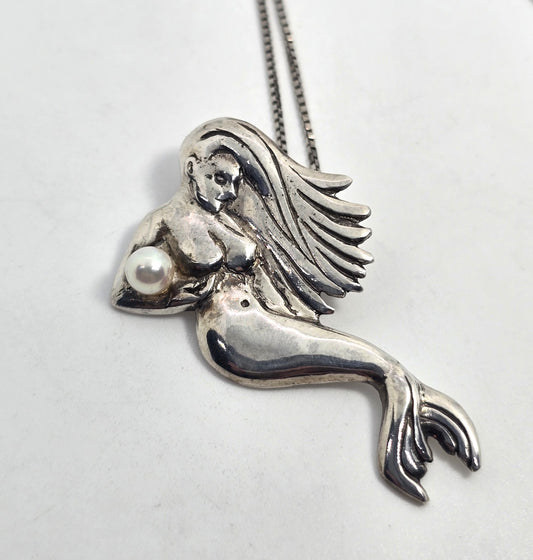 Mermaid nymph swimming with pearl sterling silver signed vintage necklace