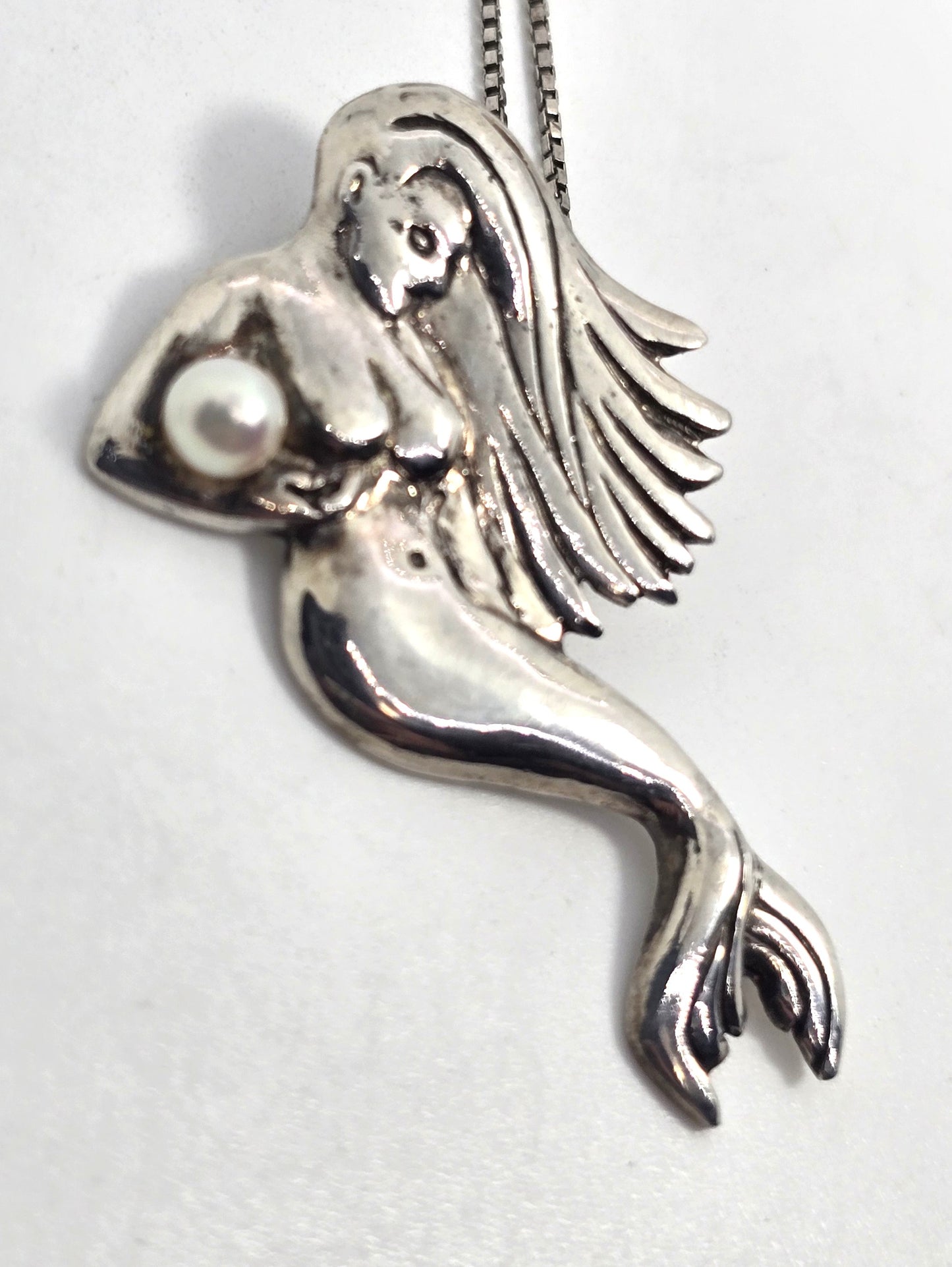 Mermaid nymph swimming with pearl sterling silver signed vintage necklace