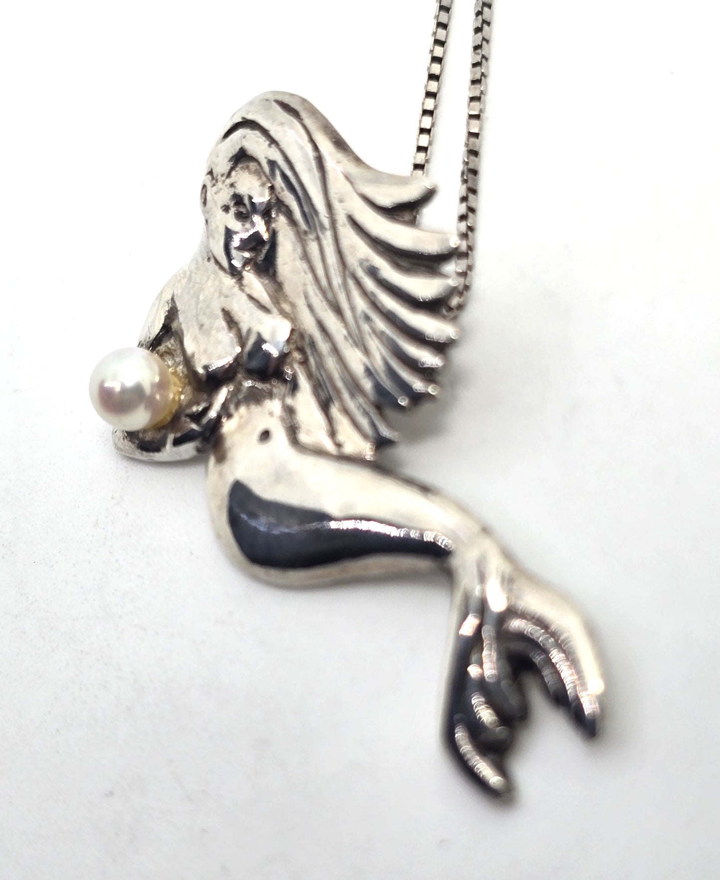 Mermaid nymph swimming with pearl sterling silver signed vintage necklace