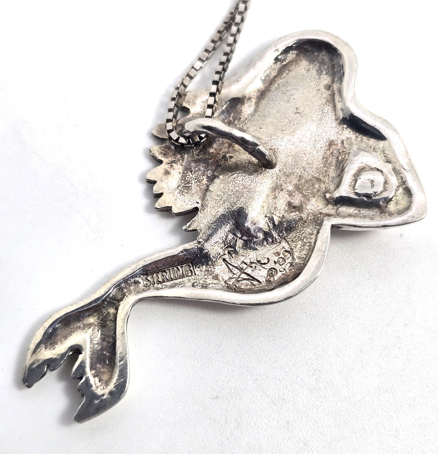 Mermaid nymph swimming with pearl sterling silver signed vintage necklace