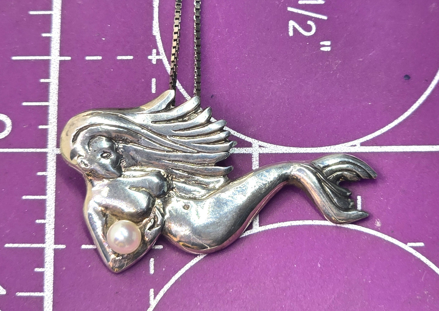 Mermaid nymph swimming with pearl sterling silver signed vintage necklace