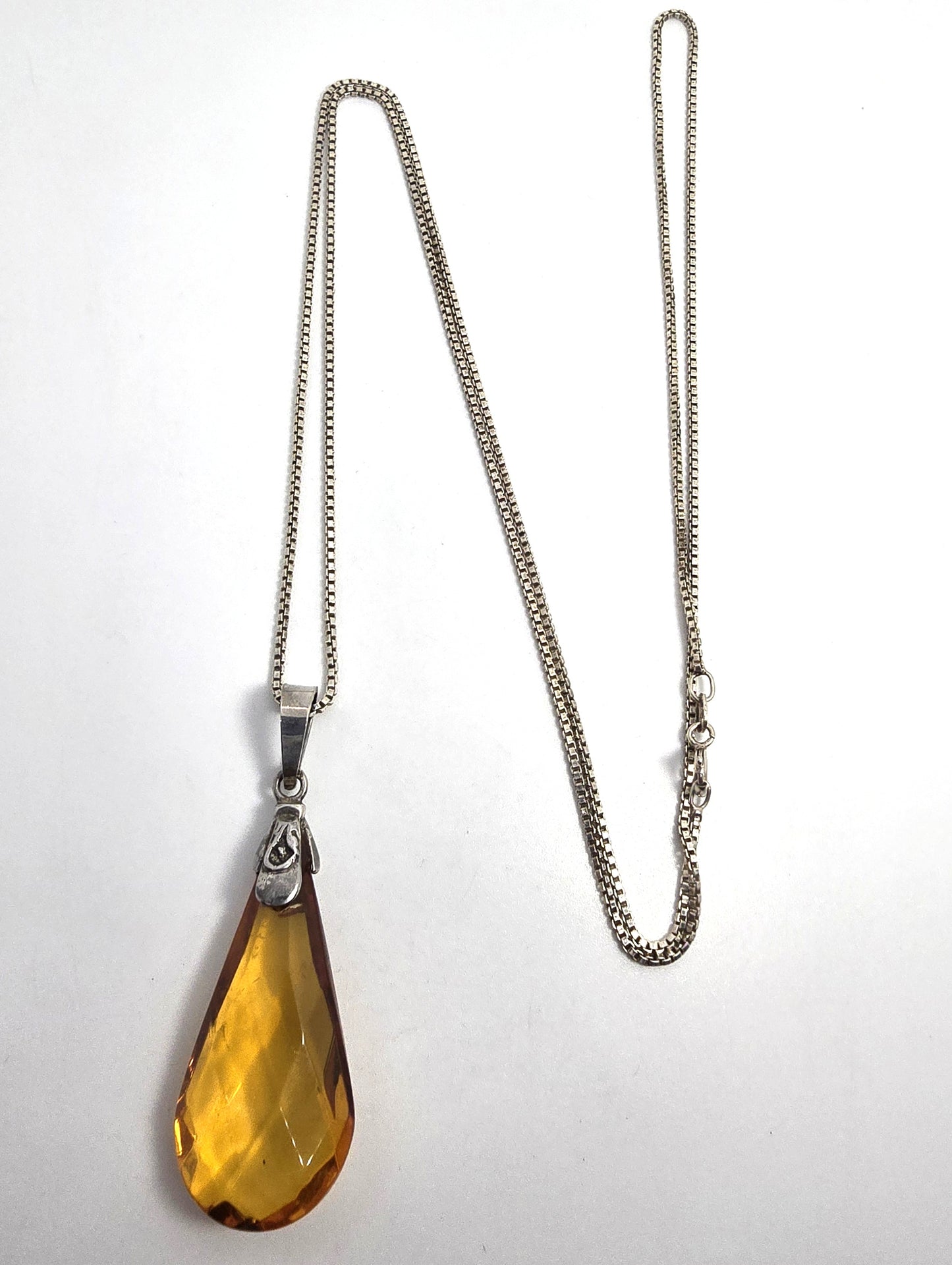 Citrine faceted Pear cut glass vintage sterling silver pendant necklace