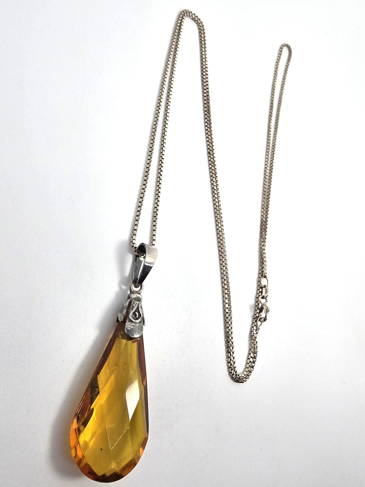 Citrine faceted Pear cut glass vintage sterling silver pendant necklace