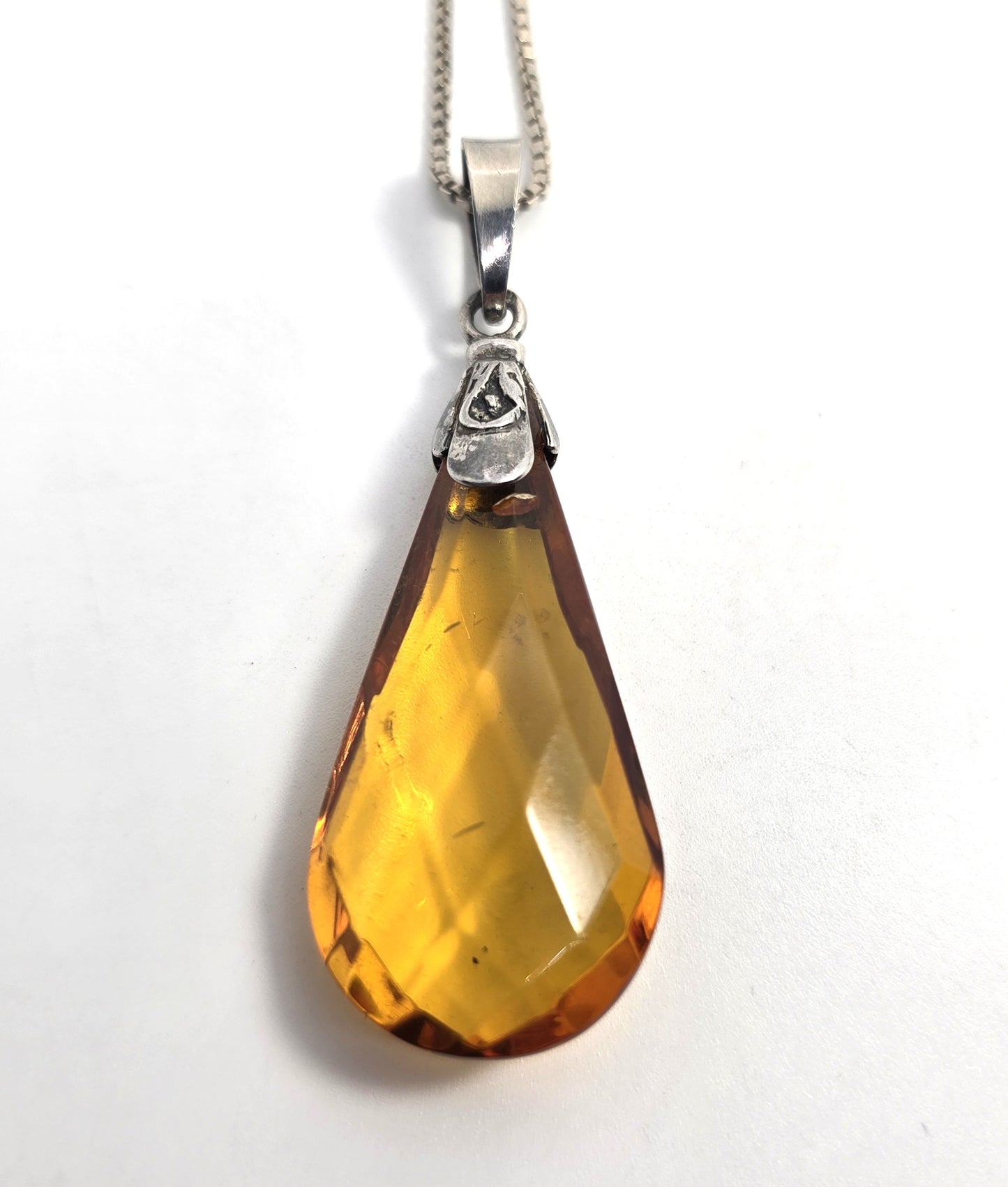 Citrine faceted Pear cut glass vintage sterling silver pendant necklace