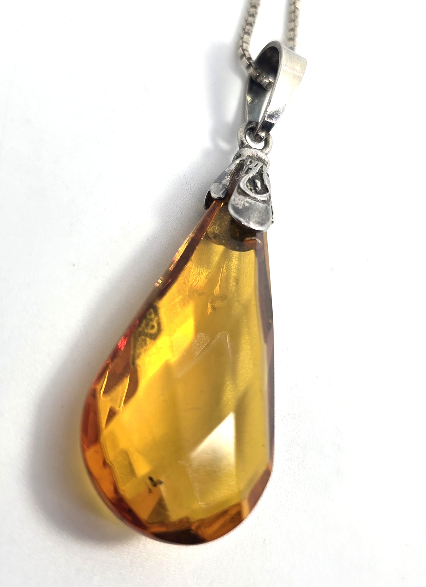 Citrine faceted Pear cut glass vintage sterling silver pendant necklace