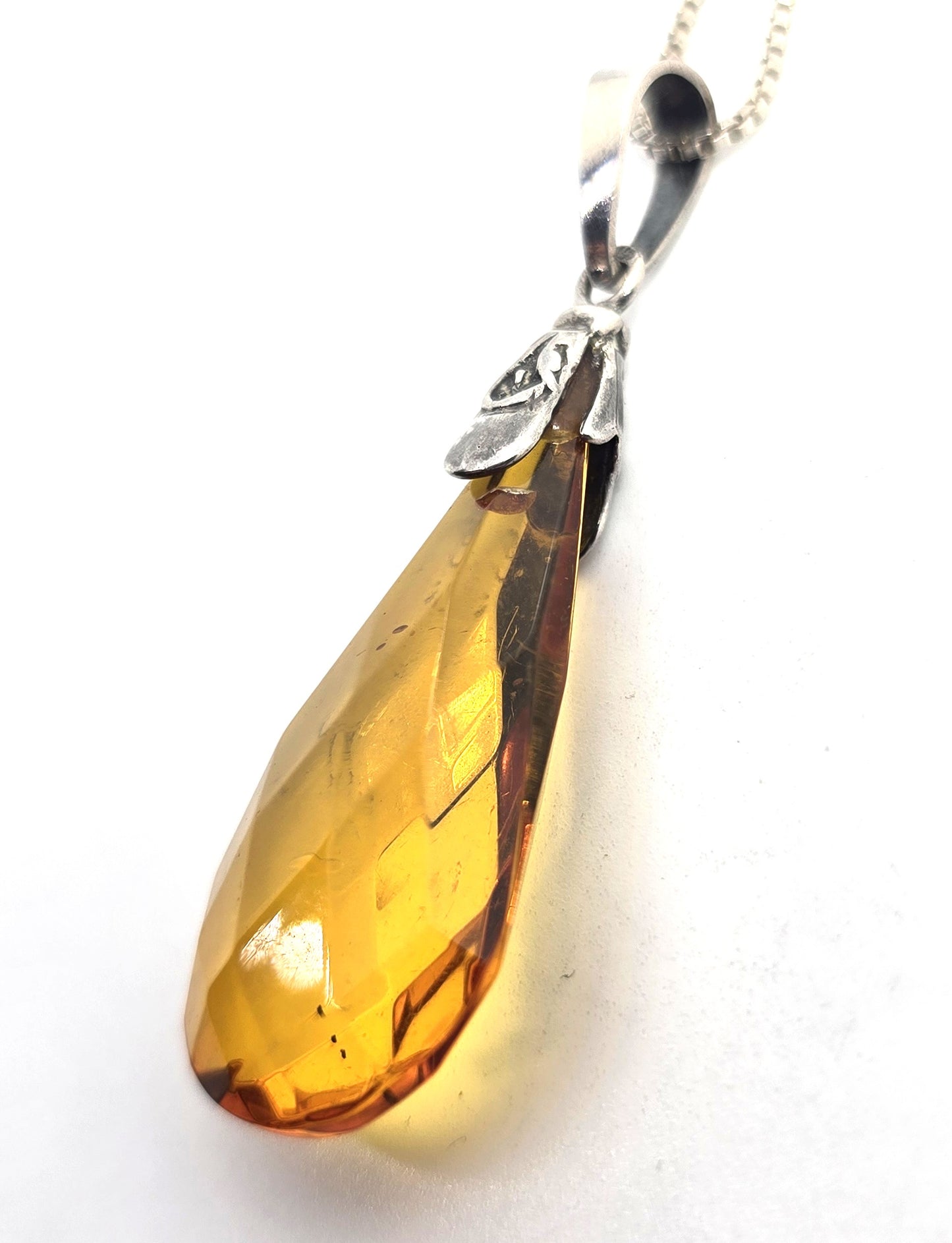 Citrine faceted Pear cut glass vintage sterling silver pendant necklace