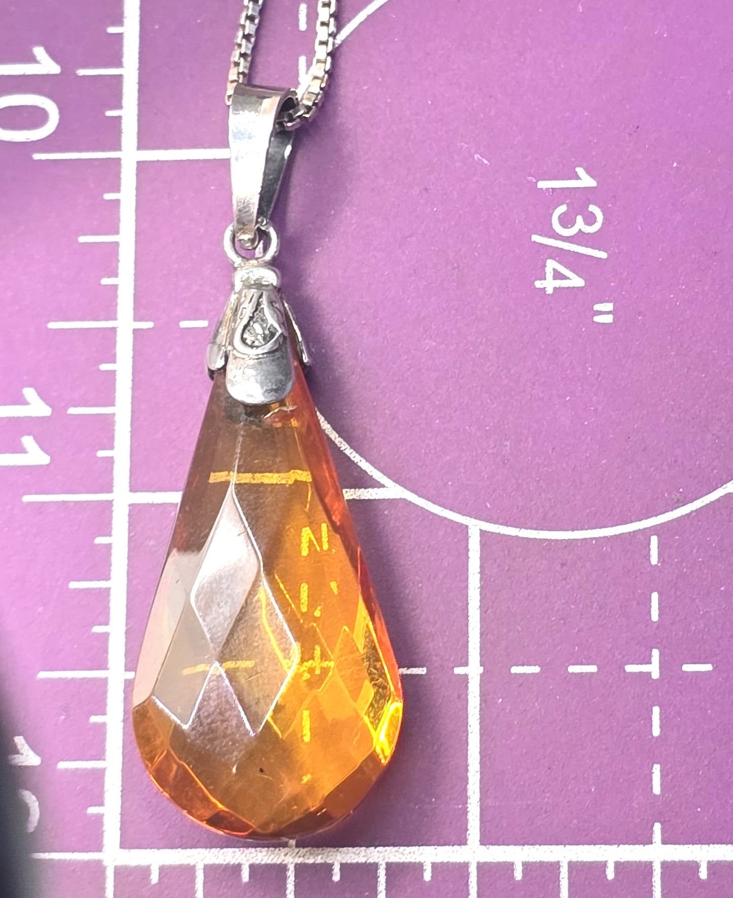 Citrine faceted Pear cut glass vintage sterling silver pendant necklace