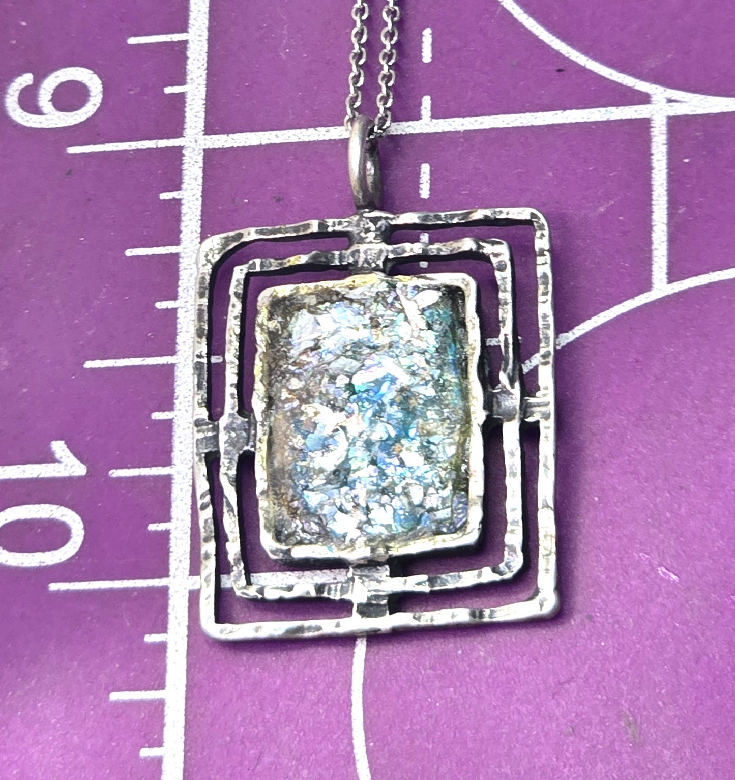 Israel Hammered Sterling Silver ancient Roman Glass RL pendant necklace