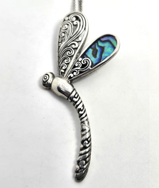 Dragonfly abalone filigree vintage sterling silver pendant necklace