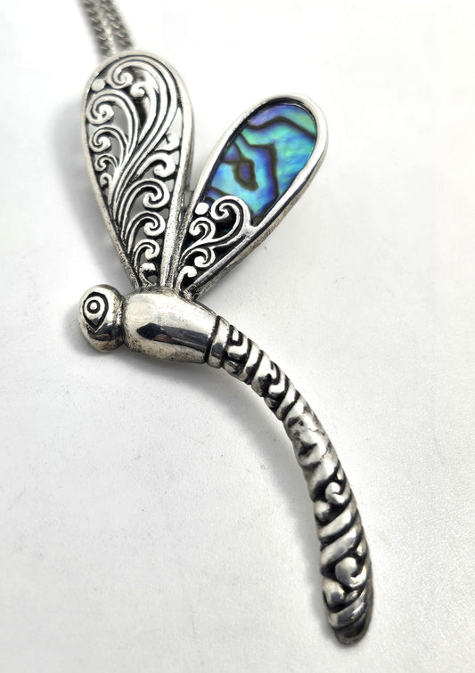 Dragonfly abalone filigree vintage sterling silver pendant necklace