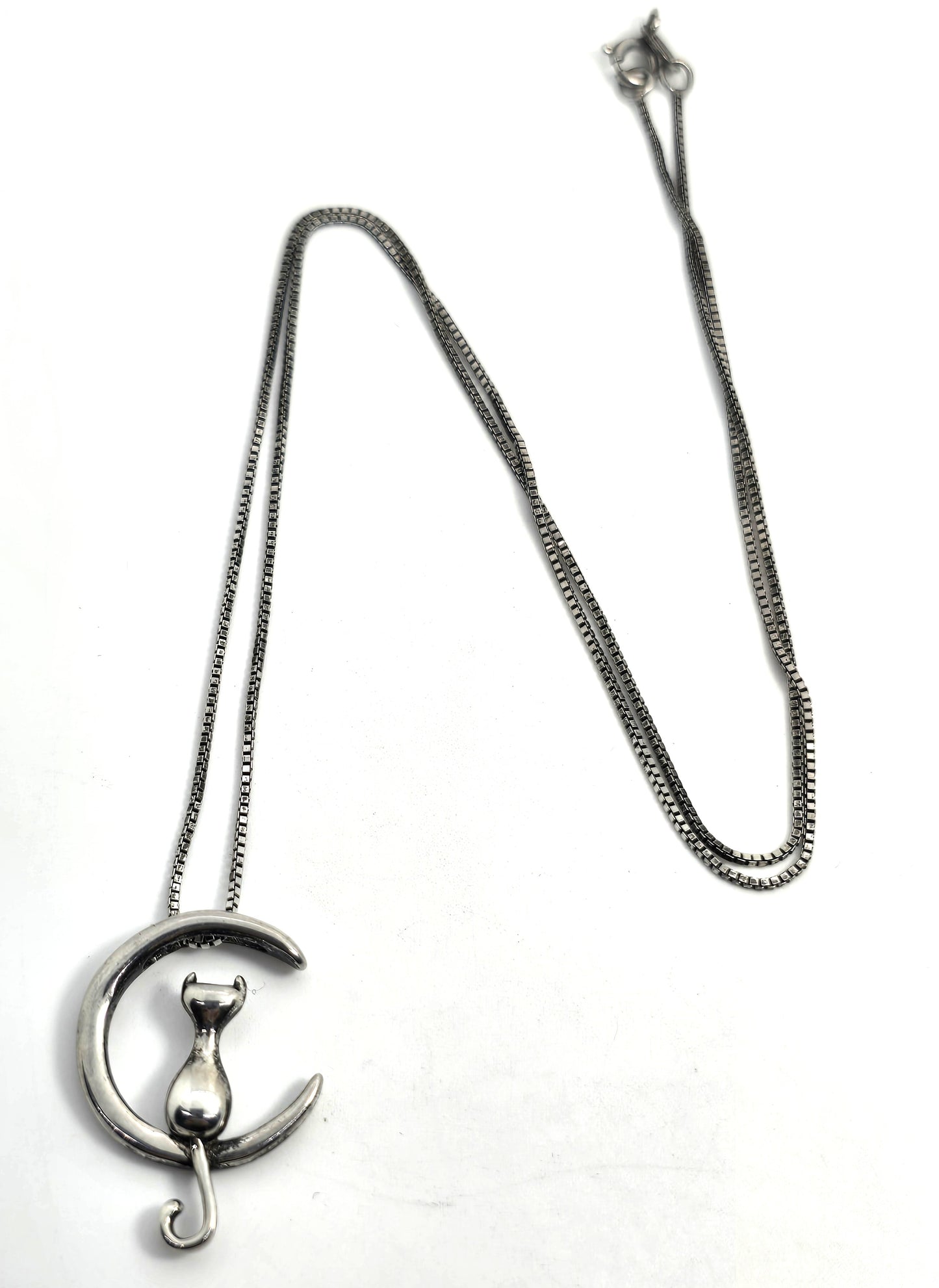 Crescent moon sitting kitty cat celestial sterling silver retro necklace