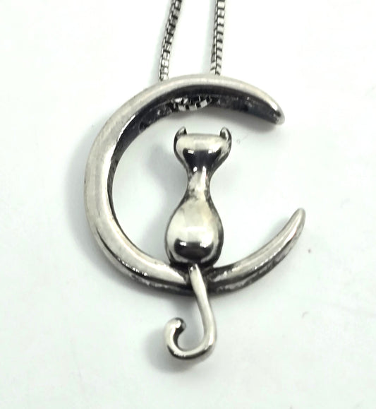 Crescent moon sitting kitty cat celestial sterling silver retro necklace