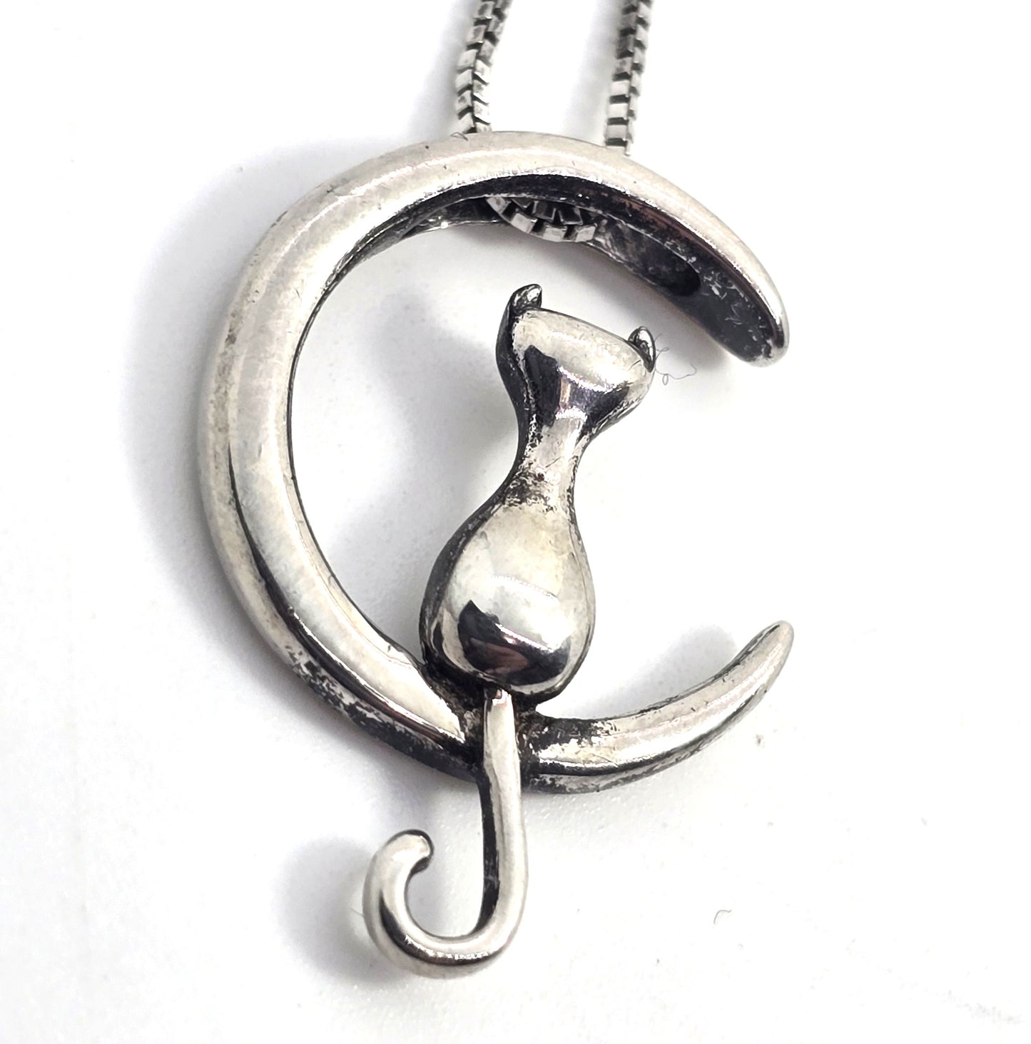 Crescent moon sitting kitty cat celestial sterling silver retro necklace