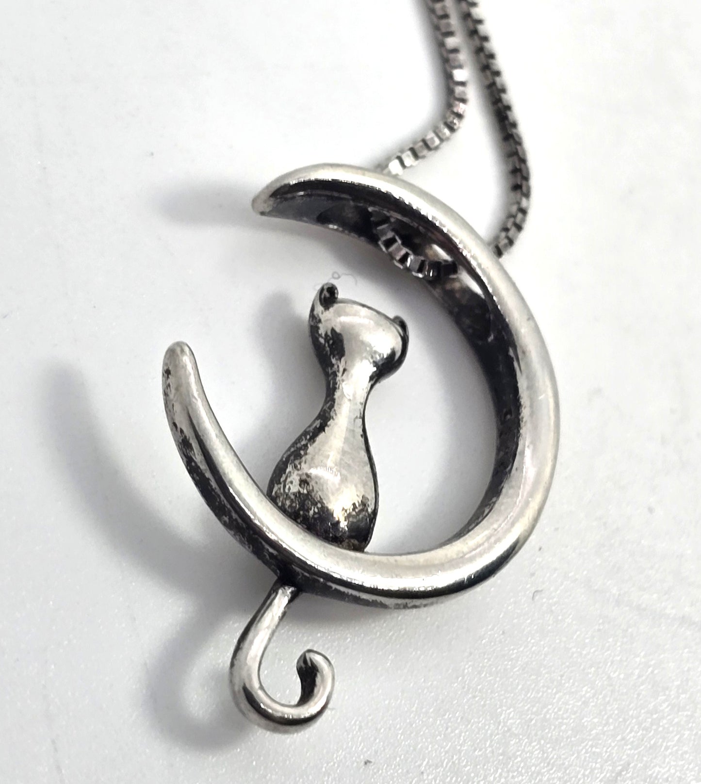 Crescent moon sitting kitty cat celestial sterling silver retro necklace
