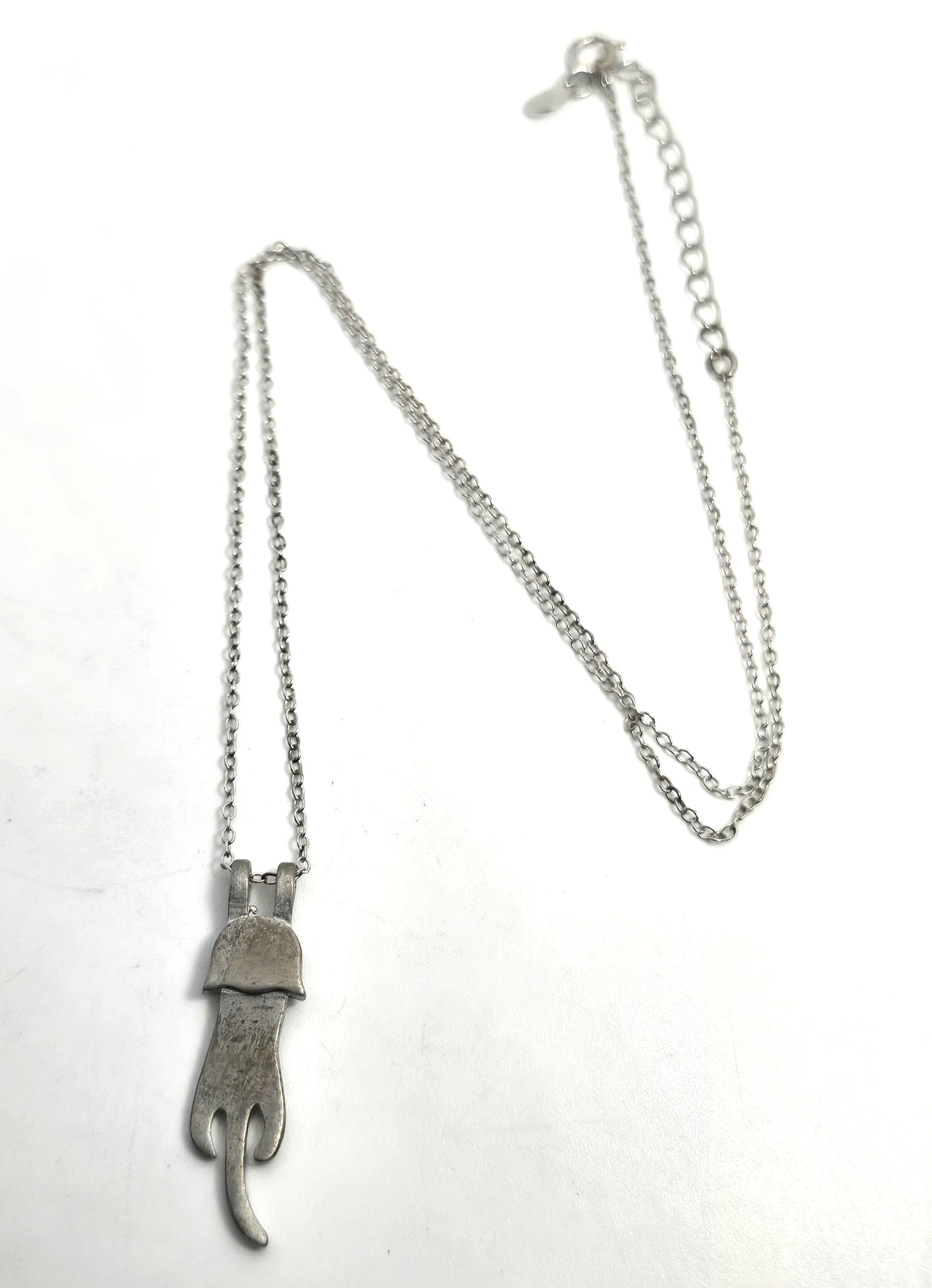 Hanging in there long kitty cat brushed sterling silver retro necklace