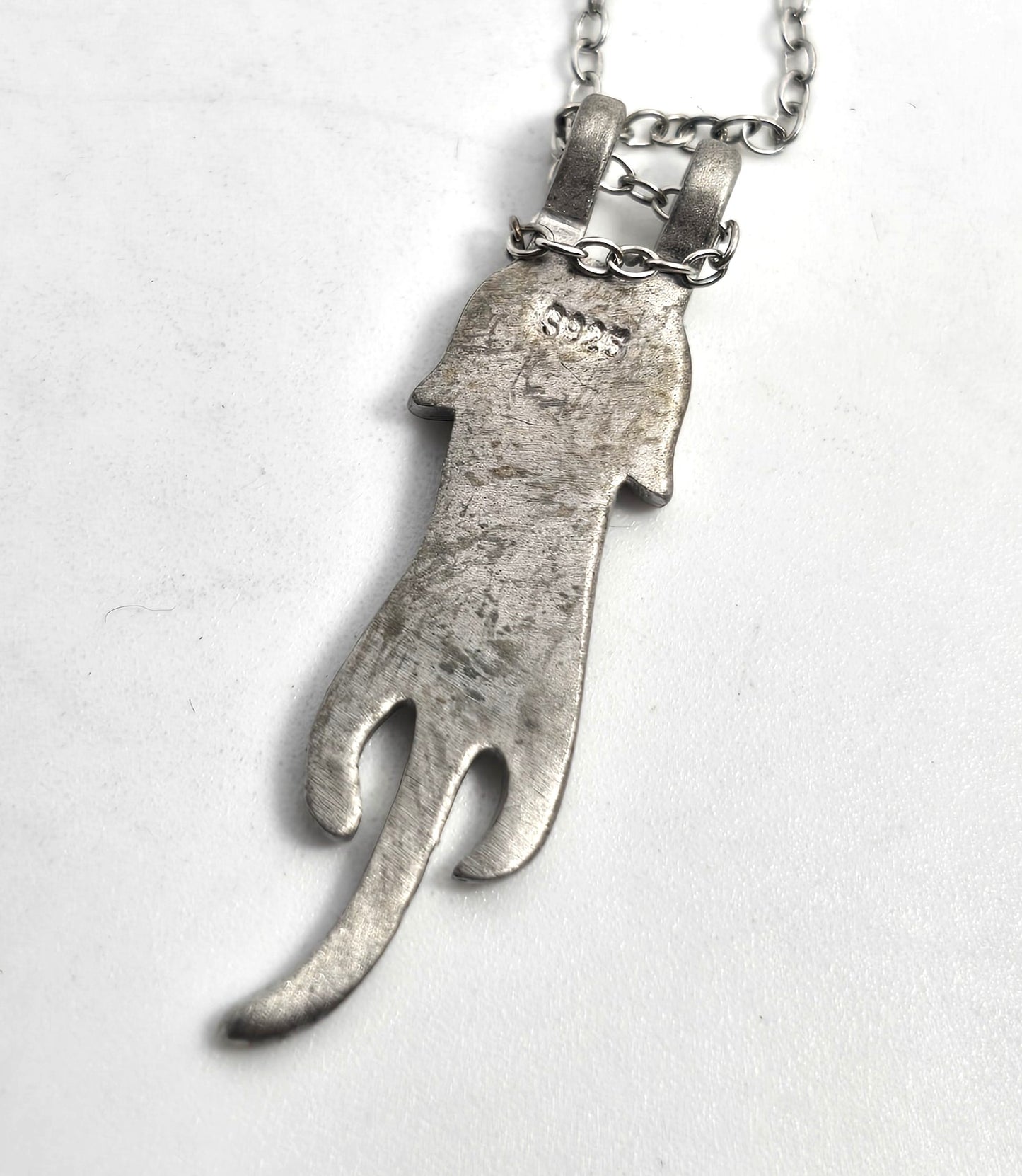 Hanging in there long kitty cat brushed sterling silver retro necklace