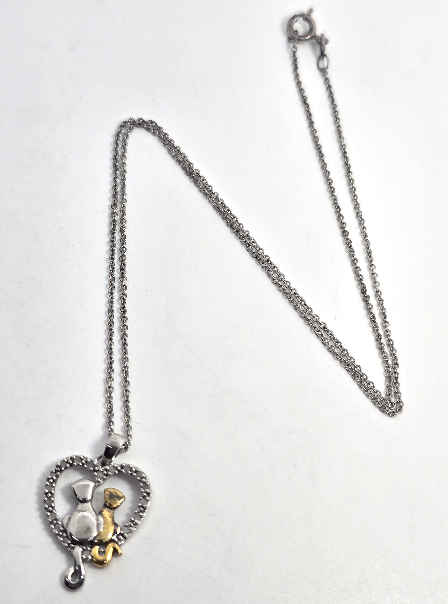 Silver and gold sitting kitty cat love heart CZ sterling silver necklace