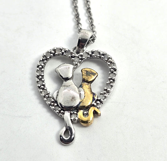 Silver and gold sitting kitty cat love heart CZ sterling silver necklace